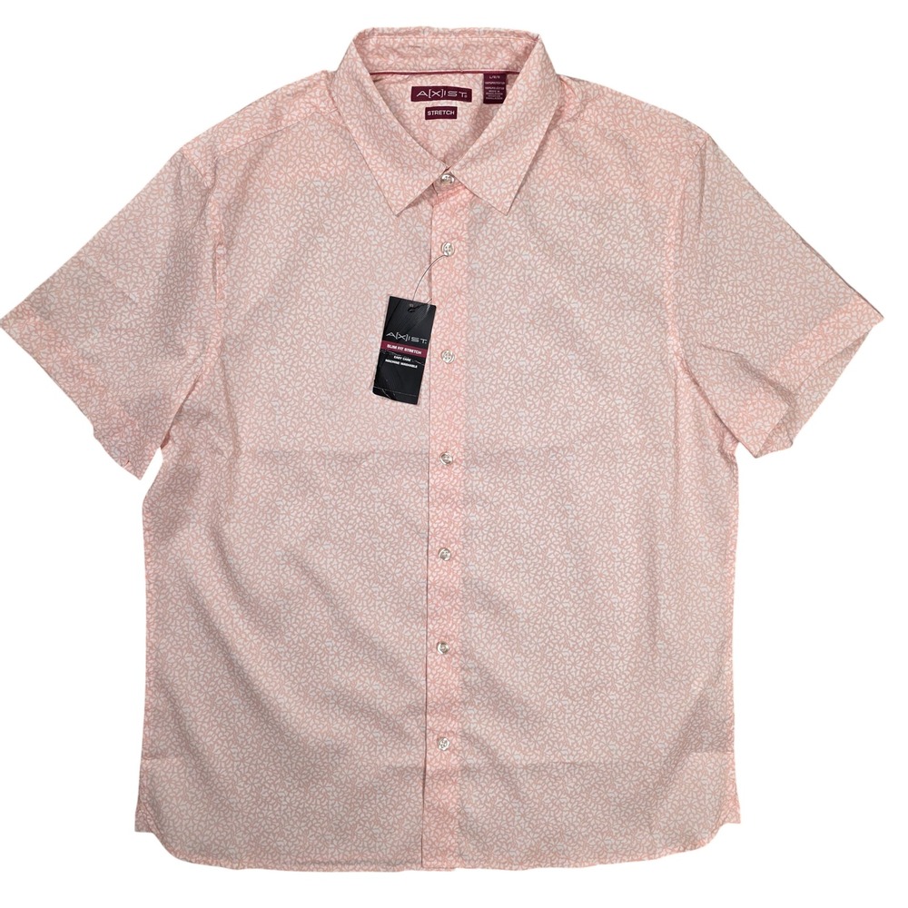 AXIST Slim Fit Stretch Short Sleeve Button Down Mens L Pink Blossom NEW Preppy